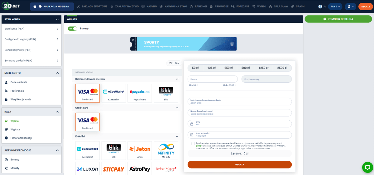 20bet bonus bez depozytu